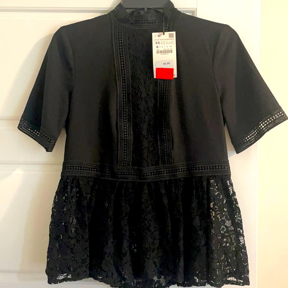 Zara Black Blouse with Lace Detail, High Collar, Peplum, Size XS